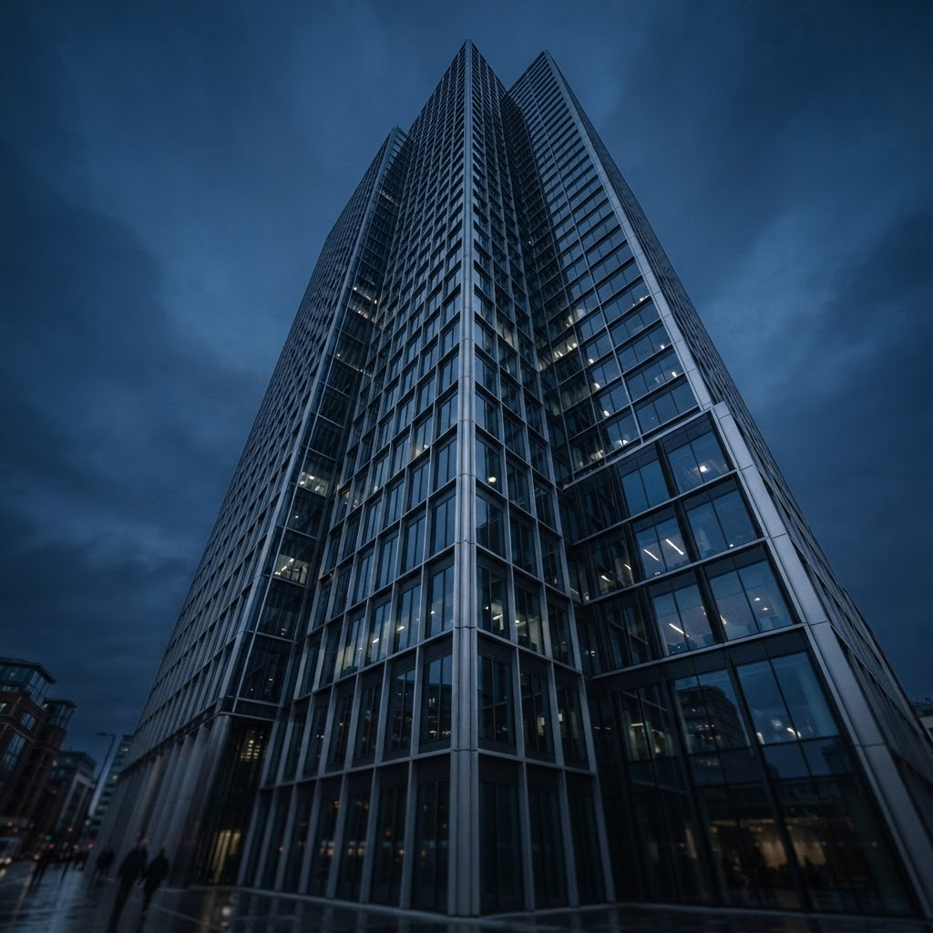 A precision-engineered building facade at dusk